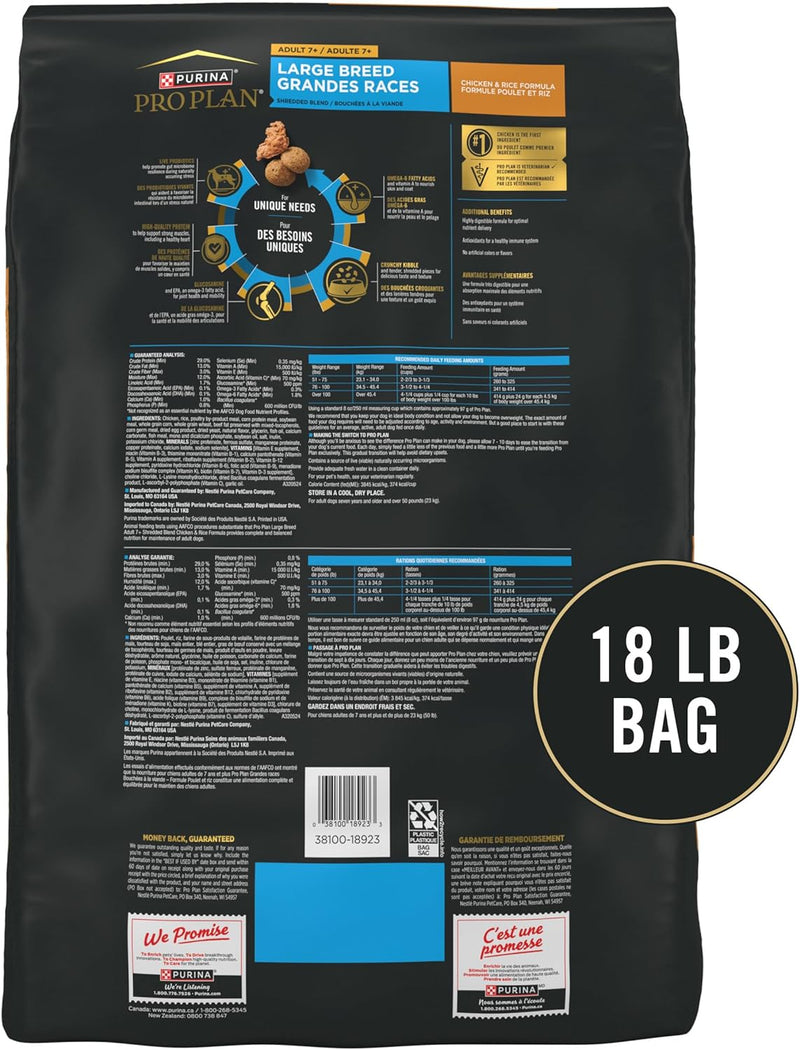 Purina Pro Plan Large Breed Adult 7 Plus Shredded Blend Chicken and Rice Formula Senior Dog Food - 18 lb. Bag