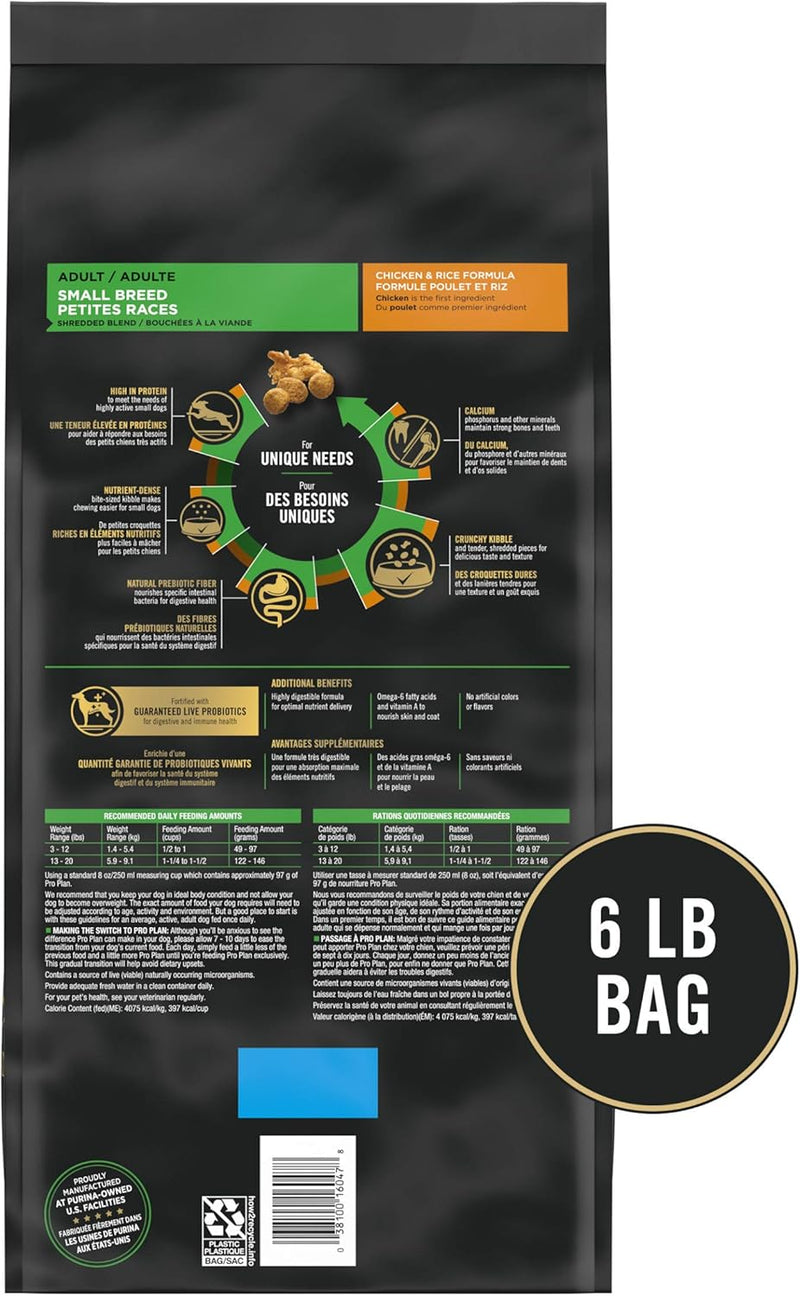 Purina Pro Plan Small Breed Dog Food With Probiotics for Dogs, Shredded Blend Chicken & Rice Formula